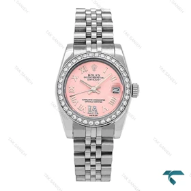 ساعت رولکس زنانه استیل صفحه صورتی دورنگین ایندکس نگین Rolex-6851-L