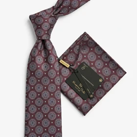 کراوات و پوشت دستدوز طرح گل گرد برند Massimo Dutti (زرشکی)