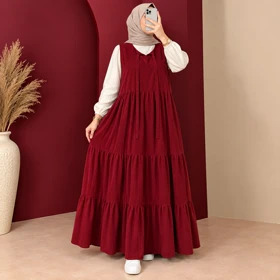 سارافون بلند زنانه نخ لینن چین‌دار کد 6070 (زرشکی)