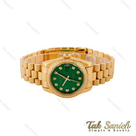ساعت رولکس زنانه بند پرزیدنت طلایی صفحه سبز دورنگین Rolex-4961-L