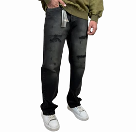 شلوار جین نیم بگ مردانه زاپدار (Semi-Baggy) ذغالی شسته شده