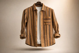 پیراهن پشمی مردانه پرمیوم راه راه قهوه‌ای شتری_اورجینال دیلم