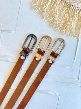 کمربند چرم عسلی زبانه دار