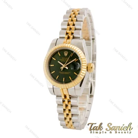ساعت رولکس زنانه دورنگ طلایی صفحه سبز ایندکس خطی اسمال Rolex-4512-S-L
