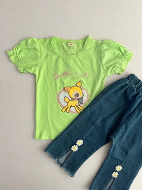ست تیشرت شلوارک جین دخترانه طرح آهو 20056