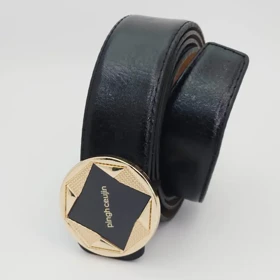 کمربند مردانه چرم مصنوعی (فوم) دور دوخت با سگک استیل شیشه‌ای کد 30609س (مشکی سگک مشکی طلایی پینگ سوجین)