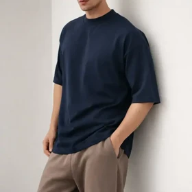 تیشرت دراپ لش دورس دو نخ رنگ سورمه ای گرماژ بالا پارچه پنبه پنبه ماکان