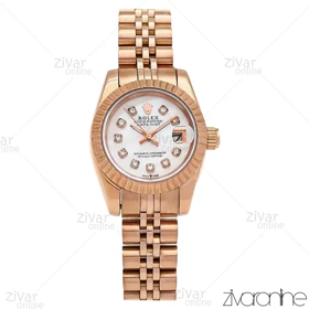 ساعت رولکس دیت جاست زنانه رزگلد سفید ایندکس نگین‌دار اسمال 106736