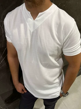 تیشرت یقه کوبایی پارچه بیسکوییتی فول کش درجه یک دو رنگ سفید و مشکی