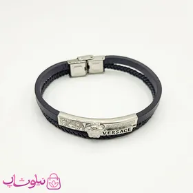 دستبند مردانه چرم و استیل مدل ورساچه مشکی نقره ای