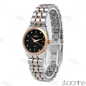 ساعت الکسا پریمیر زنانه رزگلد نقره ای صفحه مشکی نگین‌دار 106132