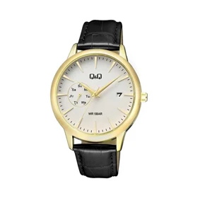 ساعت مچی مردانه کیو اند کیو چرمی طلایی صفحه سفید QQ-5535-G