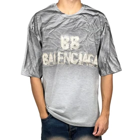 تیشرت آستین کوتاه مردانه طوسی چاپدار بالنسیاگا