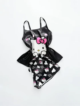 ست لباس خواب تاپ و شورتک ساتن طرح هلو کیتی Hello kitty