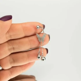 پیرسینگ ناف نقره مدل پروانه با آویز زنگوله