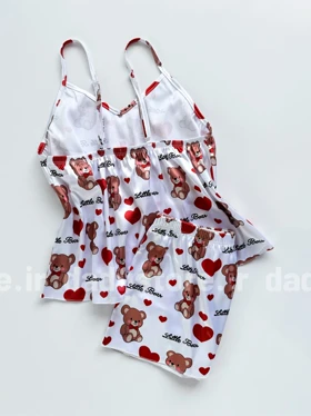ست لباس خواب تاپ و شورتک ساتن طرح خرس