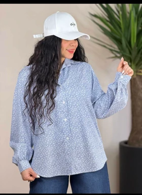 شومیز گلدار زنانه تنسل نخ (آبی روشن)