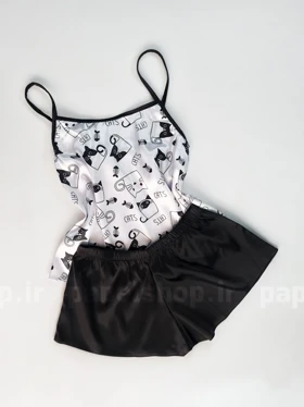 ست لباس خواب تاپ و شورتک ساتن طرح گربه