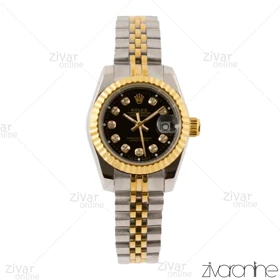 ساعت رولکس دیت جاست زنانه دورنگ طلایی صفحه مشکی نگین‌دار 103531