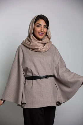 پالتو پانچ ژاکارد کمربنددار (کرم)