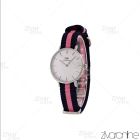 ساعت دنیل ولینگتون زنانه قاب سیلور صفحه سفید بند صورتی سرمه ای 104968