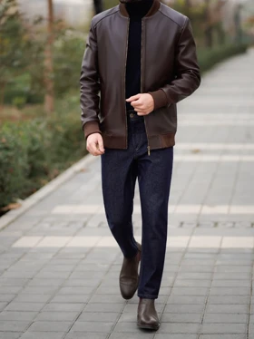 کاپشن چرم طبیعی قهوه ای کلاسیک کارلوتی کد j196