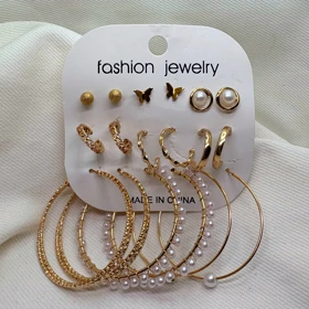 پک 9 جفتی گوشواره طلایی مدل «پروانه» | مجموعه میکس مرواریدی و زنجیری (اقتصادی)