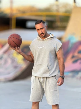 ست وست کلاهدار و شلوارک NIKE طوسی ملانژ