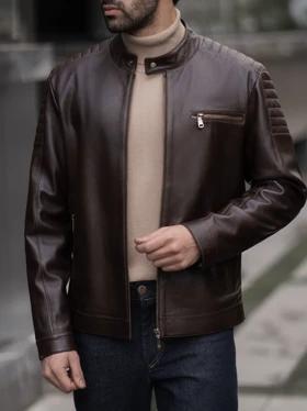 کاپشن چرم طبیعی سه زیپ قهوه ای کارلوتی کد j191