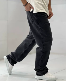 شلوار بگ ذغالی سیر بدون زاپ مردانه پارچه جین کجراه سنگشور گرماژ بالا