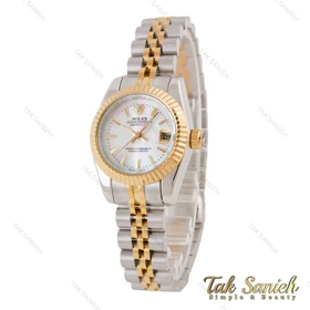 ساعت رولکس زنانه مدیوم دورنگ طلایی صفحه سفید صدف خطی Rolex-5209-L