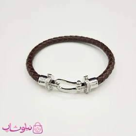 دستبند زنانه برند فرد Fred مدل چرم قهوه ای با قفل نقره ای نگین‌دار استیل کیفیت مستر کد 680