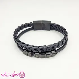 دستبند مردانه چرم استیل رولکس مشکی دولاین
