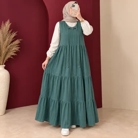 سارافون بلند زنانه نخ لینن چین‌دار کد 6070 (سبز کله غازی)