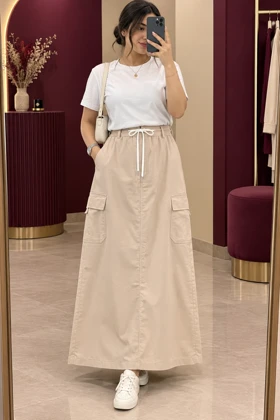 دامن کتان کارگو کژال کد 6020 (کرم روشن)
