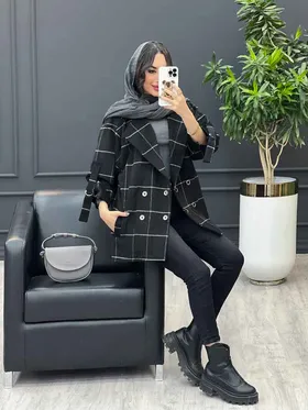 پالتو چهارخونه آستین سگک