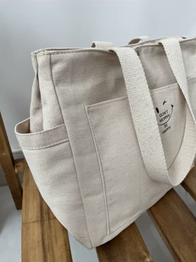 توت بگ کرمی سایز اسمال کیف پارچه ای طرح Be happy