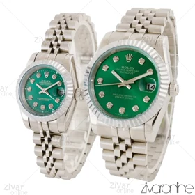 ست ساعت رولکس دیت جاست سیلور صفحه سبز نگین‌دار 104510