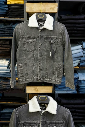 کت جین دودی مردانه آستر خز بره ای ضخیم دوخت صنعتی اسلیم فیت