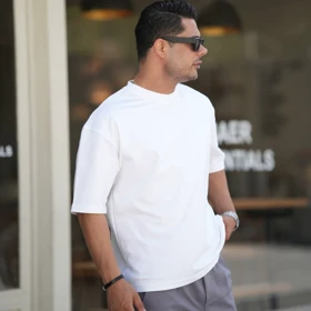 تیشرت لش باکسی سفید مردانه ساده بیسیک پارچه ماکان