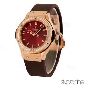 ساعت هابلوت زنانه کلاسیک فیوژن قاب رزگلد تمام نگین صفحه زرشکی 105456