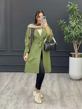 مانتو لینن بلند کمربند دار سرشانه پاگن