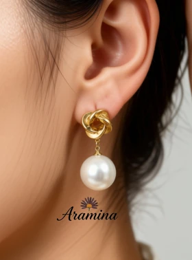گوشواره زنانه مرواریدی پیچ گل‌دار آویز آبکاری طلا رنگ ثابت ARA 117