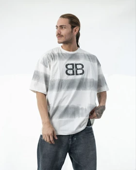 تیشرت باکسی مردانه طرح رینگری سفید طوسی بالانسیاگا