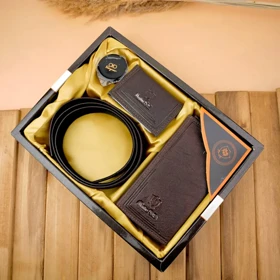 ست چهار تکه کیف پول کمربند و جاکارتی مردانه چرمی massimo dutti 106-4 (قهوه ای)