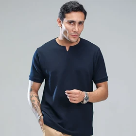 تیشرت آستین کوتاه یقه کوبایی سرمه ای مدل Asam