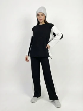 بلوز بافت و شلوار بگ کمر کش ریزبافت ترک طرح دو رنگ