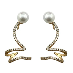 گوشواره زنانه ژوپینگ مدل مارلیا طرح طلا با مروارید و فرم موجی نگین‌دار