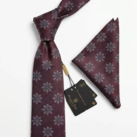 کراوات و پوشت دستدوز طرح گل 7 پر برند Massimo Dutti (زرشکی)