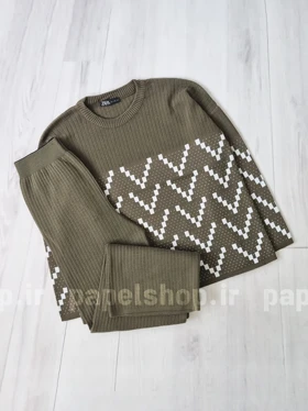 ست بافت یقه گرد و شلوار بگ طرح زیگزاگ